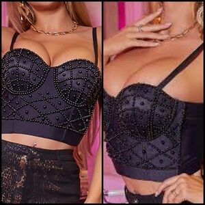 Gracia Black Peal Beaded Strapless Corset Bustier Supportive Coquette Goth Top L